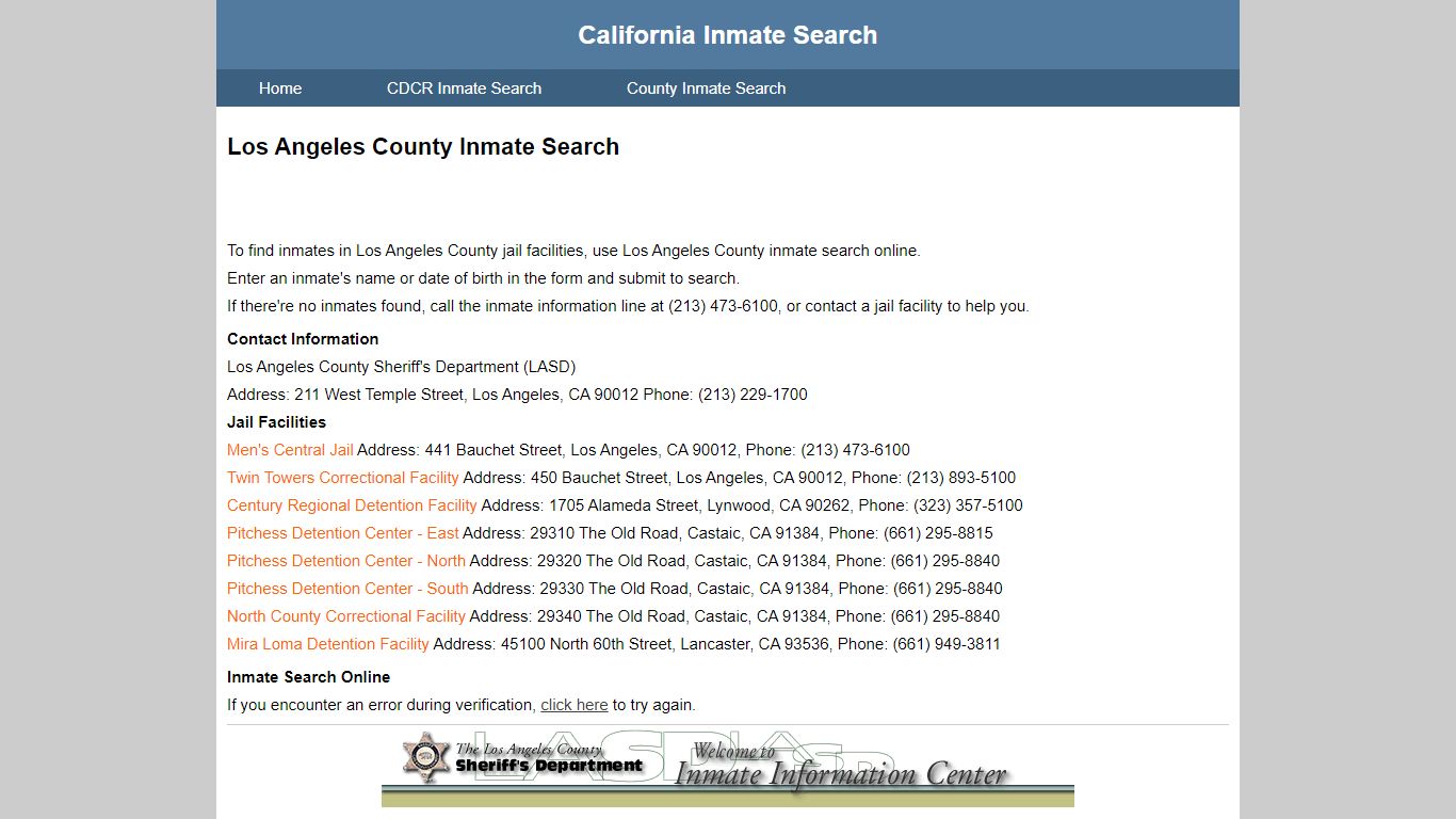 Los Angeles County Inmate Search - California Inmate Search